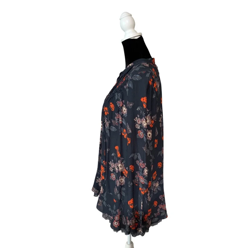 Free People Floral Boho Tunic Top‎ Small Navy Orange Butterfly Peasant Blouse